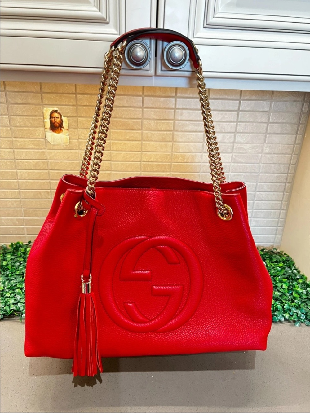 Gucci Red Pebbled Leather Shoulder Bag with Tassel and Chain Straps - Picture 10 of 10